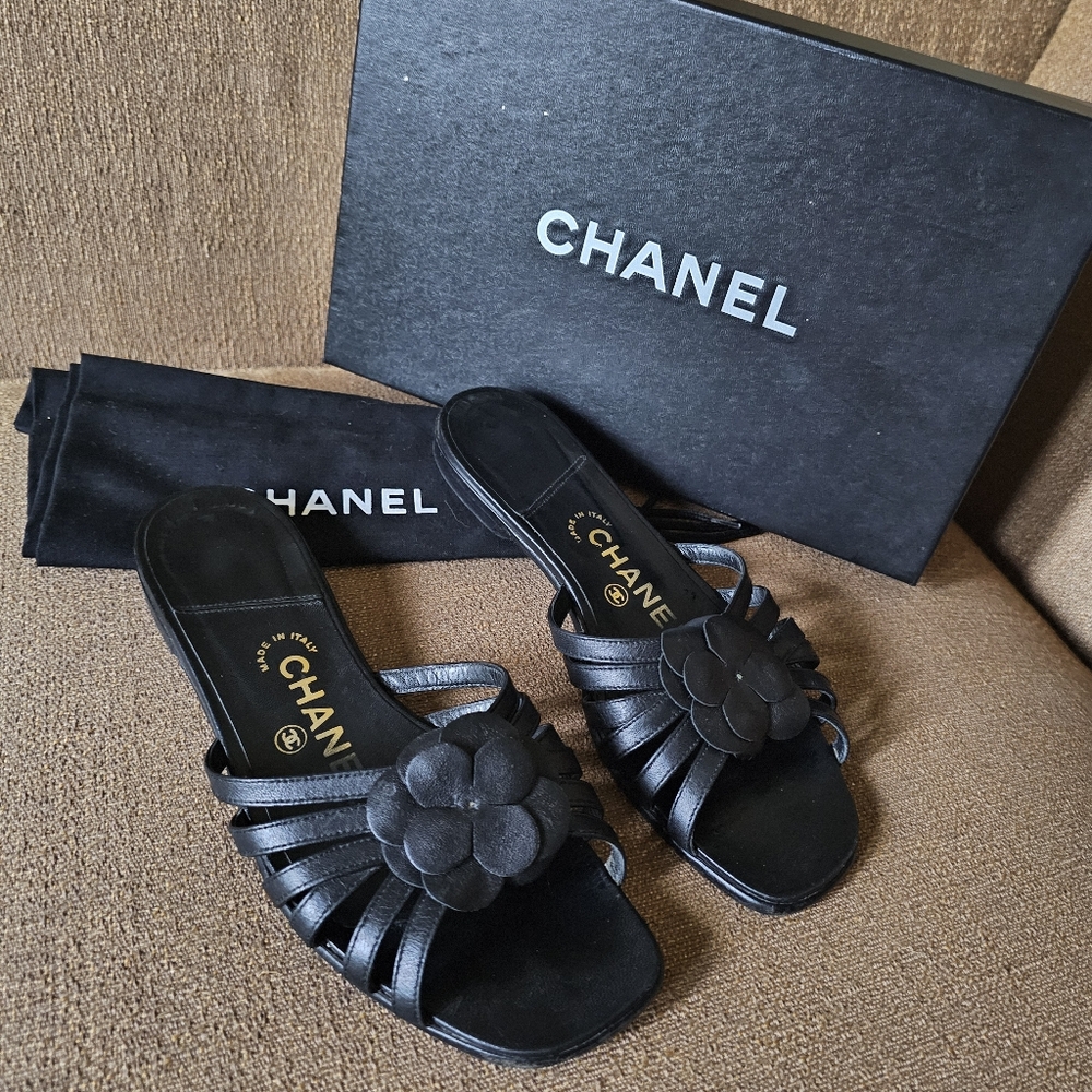 CHANEL Black Strappy Sandals with Camellia Size 37